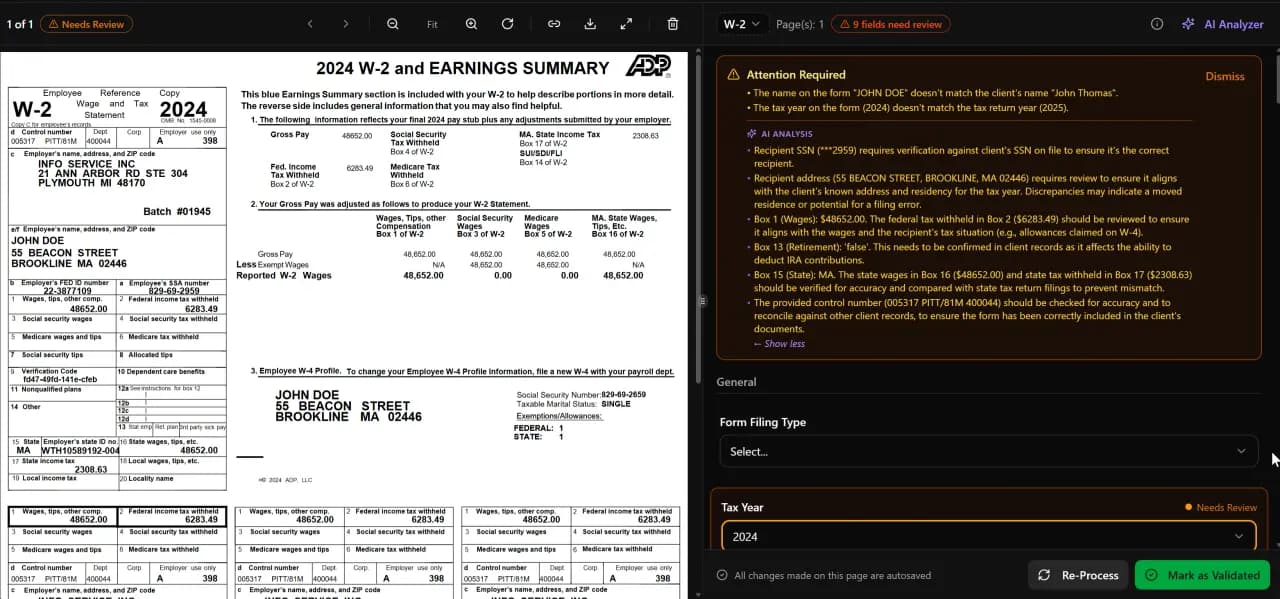 AI Analyzer — extracted fields with attention items and validation