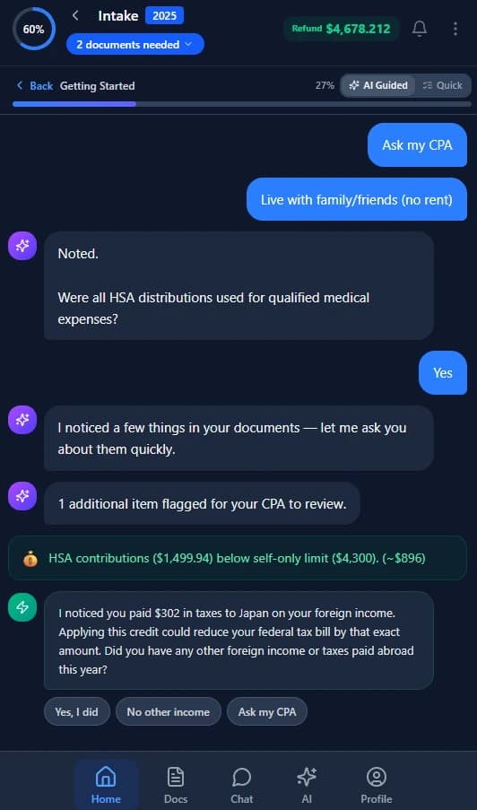 AI Intake — conversational tax questionnaire with adaptive questions, HSA optimization, and foreign tax credit detection